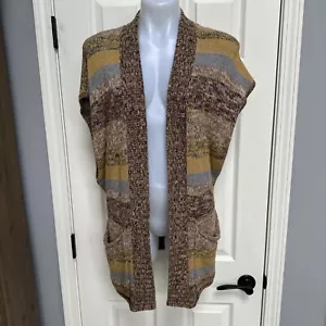 SPARROW Anthropologie Gray Yellow Stripes Open Duster Cardigan Sweater Pockets S - Picture 1 of 9