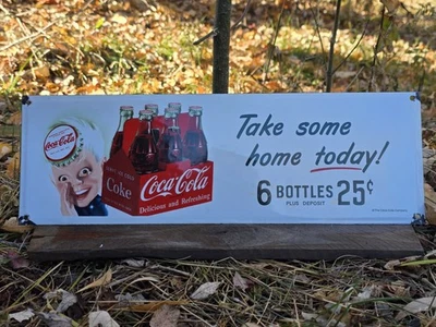 VINTAGE DRINK COCA-COLA BOTTLES 'TAKE SOME HOME TODAY" PORCELAIN SIGN 17"×5.5" - Image 1 of 4