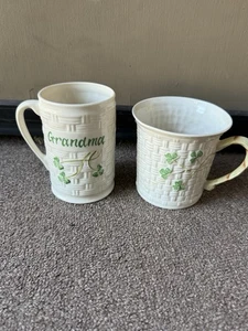 Belleek Shamrock Ireland Weaved Lot Of 2 Tea Coffee Cups Grandma Clover - Picture 1 of 9