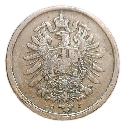 1875-J Germany 2 Pfennig 150 Years Old Copper Coin Eagle Emperial Shield KM 2 - Image 1 of 3