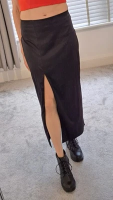 ASOS - Black Stretch Satin Ankle Length Long Slit Pencil Midi Skirt - Size 14 - Image 1 of 4