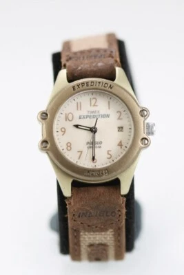 Timex Orologio Donna Oro Plastica 50m Marrone Beige Nylon Pelle Data Batteria - Immagine 1 di 4