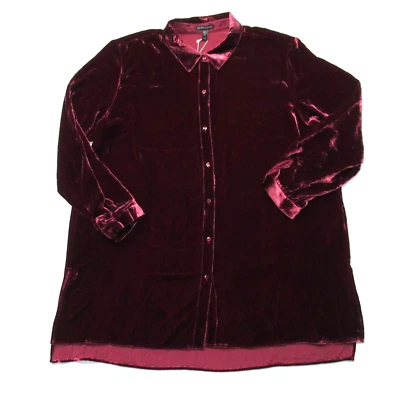 NUEVO CON ETIQUETAS Camisa Larga Cuello Clásico Eileen Fisher en Túnica de Terciopelo Claret Profundo L Foto 1 de 4
