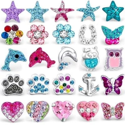 Kristalle Ohrstecker 925 Sterling Silber Stern Delfin Eule Schmetterling Kinder - Bild 1 von 2