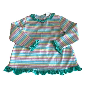 Stitchy Fish Jumping For Joy Ruffle Top 5 Pastel Rainbow Striped Long Slv Shirt - Picture 1 of 4