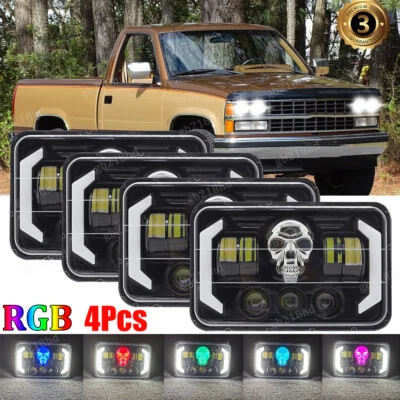 4PC 4x6" Inch RGB Skull LED Headlights Hi/Lo DRL For Chevrolet Caprice 1977-1986 Foto 1 de 4