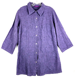 Cut Loose Tunic Sz Medium Top Button 3/4 Slv Texture Woven Linen Cotton Purple