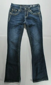 Miss Me Dark Blue Distressed Faded Bootcut Thick Stitch Rhinestone Jeans Size 26 - Picture 1 of 12