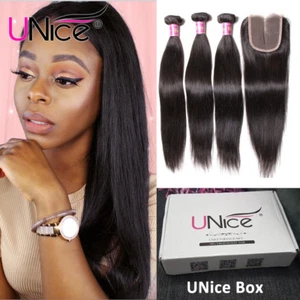 UNice Hair 100% Brazilian Straight Human Hair Wefts 3 Bundles With Lace Closure - Picture 1 of 12