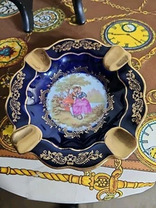 Limoges Castel France Porcelain Cigar Ashtray Courting Couple Cobalt blue 22k  - Picture 1 of 6
