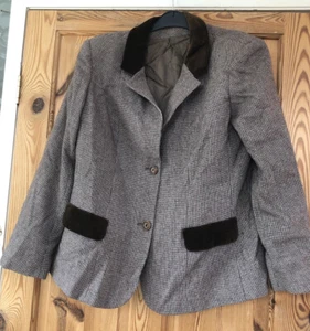 ELEGANCE EUROPEEME Ladies Brown Checked Velour Trim Wool Blend Jacket Size L - Picture 1 of 7
