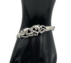 Vintage Sterling Silver 925 Double Dolphins Rhinestone Bracelet Bangle 19g - Picture 1 of 11