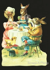 German Embossed Vintage Style Scrap Die Cut - Lrg Easter Bunny Tea Party BK5113 - Picture 1 of 1