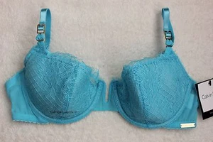 NWT Calvin Klein F3557 "Eyelash" Balconette Padded Chantilly Lace Bra Light Blue - Picture 1 of 7