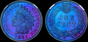 1891 Indian Cent NGC PROOF PF65 BN Brown Blue Rainbow Monster Toned Toning - Picture 1 of 3