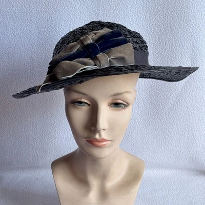 Vintage 1940s Lane Bryant Black Straw Wide Brim Hat w/ Velvet Bows - Image 1 of 4
