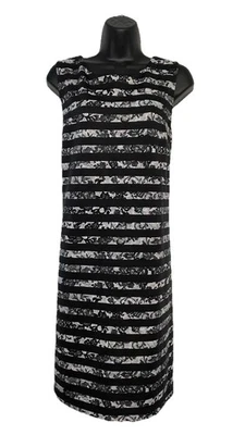 Worthington Black White Stripe Lace Print Sheath Dress L Zip Back Stretchy - Image 1 of 4