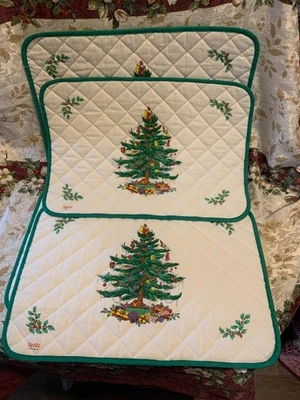 4 Spode England Christmas Tree Placemats Quilted Fabric Decor white - Image 1 of 4