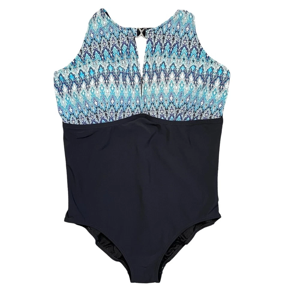 Profile by Gottex Blue Multi Abstract High-Neck One Piece Swimsuit Women Size 16 - Image 1 of 4