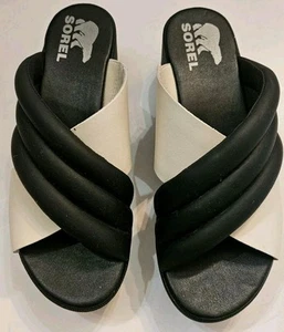 Sorel NL6039 Cameron flache Puff-Pantoletten Sandalen schwarz/weiß Damengröße 7 - Bild 1 von 6
