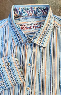ROBERT GRAHAM SHIRT, Men's Large (17 x 35) Blue Orange Black White PAISLEY, Flip - Image 1 of 4