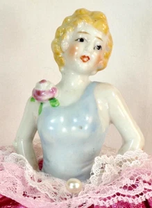 Porcelain Half Doll Pincushion Bathing Beauty Blue Suit Pink Rose Germany #11 - Picture 1 of 9