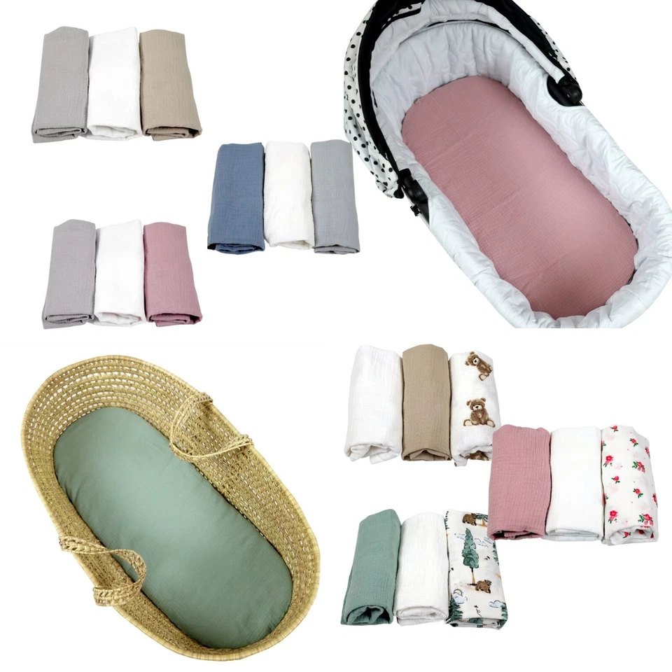 BabyLux Musselin Spannbettlaken Set – 3er Pack für Kinderwagen, Babybett & Wiege - Bild 1 von 1