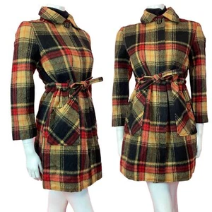 VINTAGE 60s 70s BLACK YELLOW RED PLAID CHECKED MOD WOOL COAT 10 12 - Picture 1 of 8