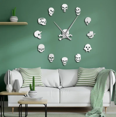 Skull Heads Punk Giant Wall Clock Frameless Gothic Halloween Wall Art Décor - Image 1 of 4