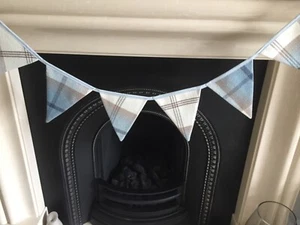 TARTAN PORTER & STONE SKY BLUE FABRIC BUNTING 12CM X 15CM x 6 FULLY LINED FLAGS - Picture 1 of 3