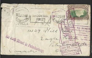 S,RHODESIA, 1946 COVER TO PETERBOURGH CANADA, VARIOUS CACHETS, WELL TRAVELED - Picture 1 of 1