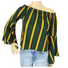 Ginger Green Gold Striped Off The Shoulder Bell Sleeve Top Womens Size XS Blouse