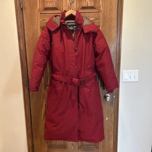 Lands End Goose Down Coat Womens M 10-12 Maroon Red Long Parka Hood Belt - Picture 1 of 17