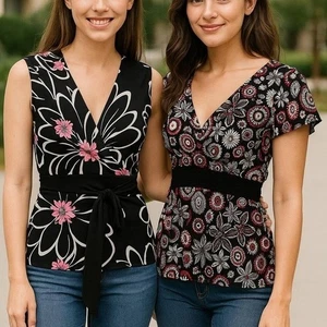 Vintage Y2K Blumendruck Tops Ärmellos Kurzarm Tie Back Retro Boho Large - Bild 1 von 6