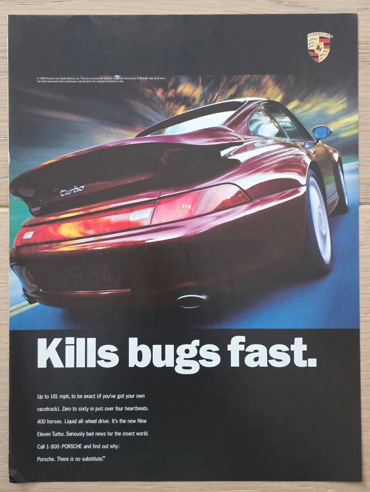 Anuncio impreso Porsche 993 Turbo Carrera 1996 "Mata errores rápido". Foto 1 de 1