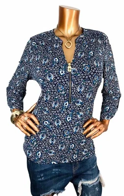 Michael Kors L Top Stretch Floral Paisleys MK Logo 1/2 Zip Up Blouse Low V Cut - Image 1 of 4