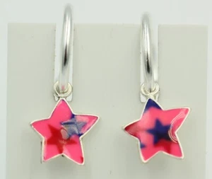 Hoop Earrings Sterling Silver Star Enamelled Rhodium-Plated Romantic Star - Picture 1 of 12