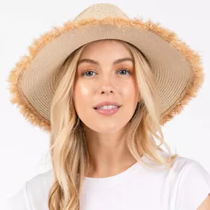 Bohemian Frayed Brim Straw Hat for Women Outdoor Wide Brim Sun Hat Beige - Picture 1 of 6