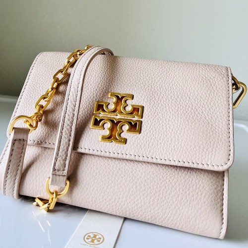 Portafoglio a catena Tory Burch Britten nuovo con etichette borsa in pelle tracolla pochette rovere chiaro regalo