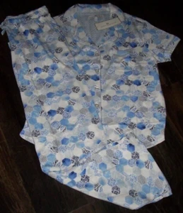 NWT Karen Neuburger WHITE/BLUE MOSAIC TILE Jersey Pajama/Lounge Set S POCKETS - Picture 1 of 5
