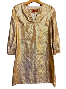 Tory Burch Gold Metallic Shift Mini Dress 3/4 Sleeves US Womens Size 6 Silk - Picture 1 of 12