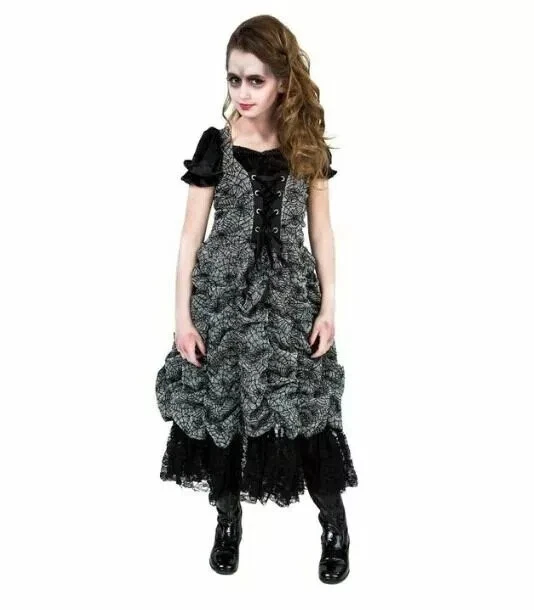 Spider Coffin Princess Costume Silver Gray Black Dress Girl Child Large 12 14