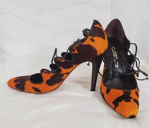 MANOLO BLAHNIK PUMPS Exotic PONY Skins ORANGE BROWN GIRAFFE SHOES w Laces 38.5 - Picture 1 of 10