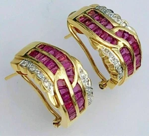 3.00 Ct Baguette Simulated  Red Ruby Womens Hoop Earrings 14K Yellow Gold Finish - Picture 1 of 4