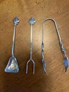 Vtg. 3 pc. Sterling Silver Shovel Spoon, Sugar Tong, Fork Twist Leaf Handle