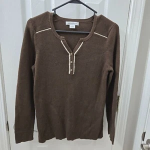 Vintage Liz Claiborne Ribbed Henley Sweater Women Large Brown Silver y2k classic - Bild 1 von 7