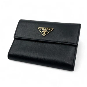 Prada Black Saffiano Leather Trifold Wallet Gold Logo Plate - Picture 1 of 24