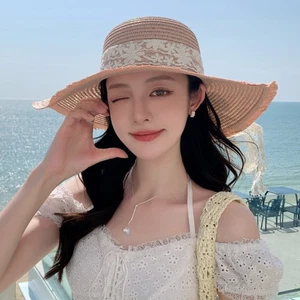 Adjustable Lace Bowknot Straw Hat Large Brim Sunshade Cap Beach - Picture 1 of 16