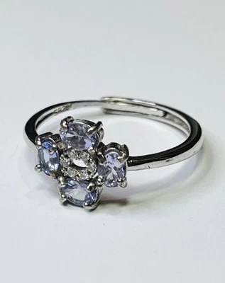 Anillo de diamantes de circonita de tanzanita natural AAA de plata de ley 925 sin tratar Foto 1 de 4