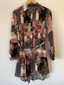 Boohoo Paisley Patchwork Print Long Sleeve Shirt Dress, Tie Front, Size 8, Summe - Picture 1 of 8